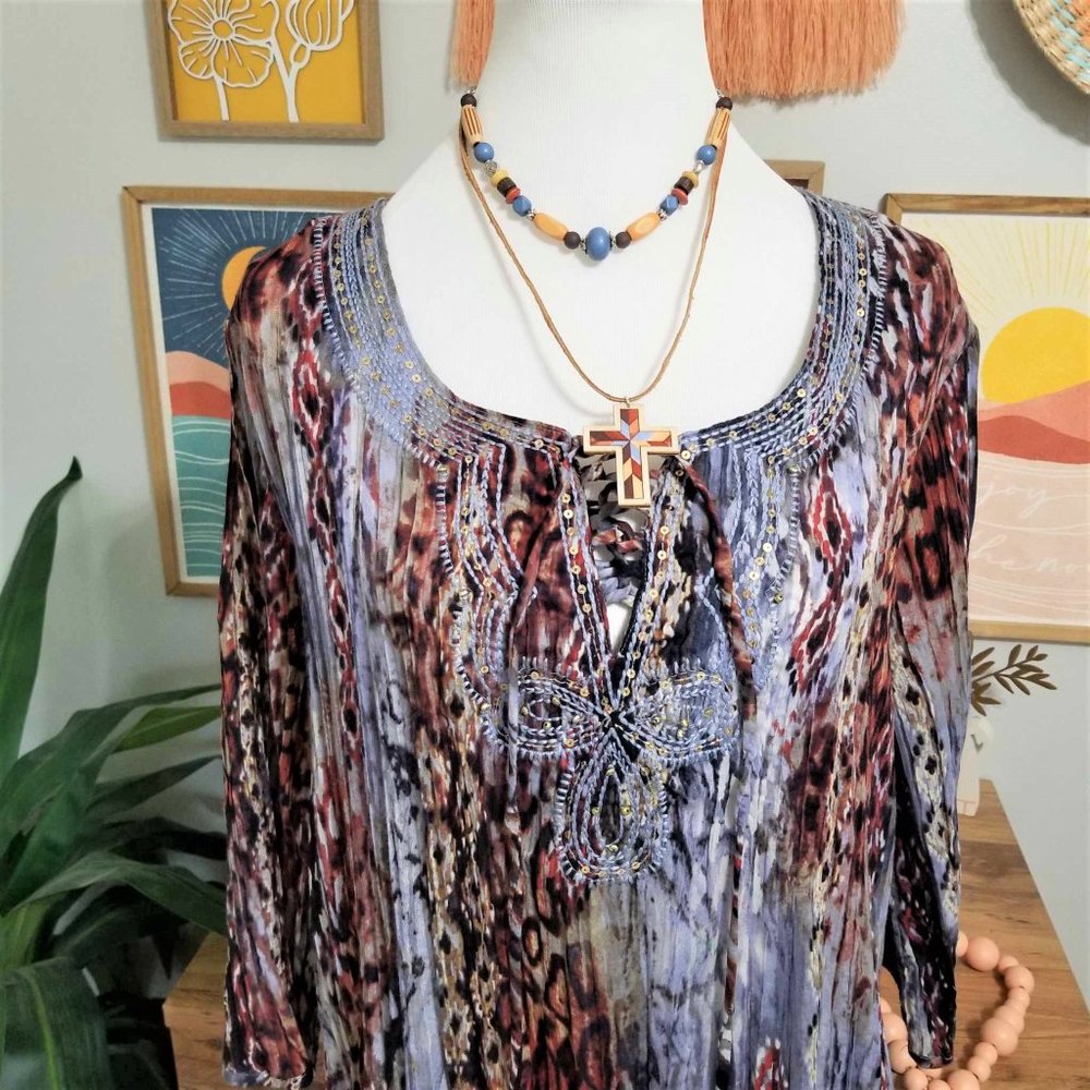 Top, Blouse. Blue, Brown, Rust Multi Pattern. Emb… - image 3